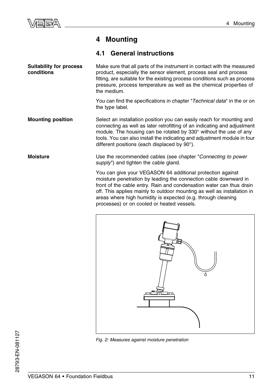 4 mounting, 1 general instructions | VEGA VEGASON 64 Foundation Fieldbus User Manual | Page 11 / 64