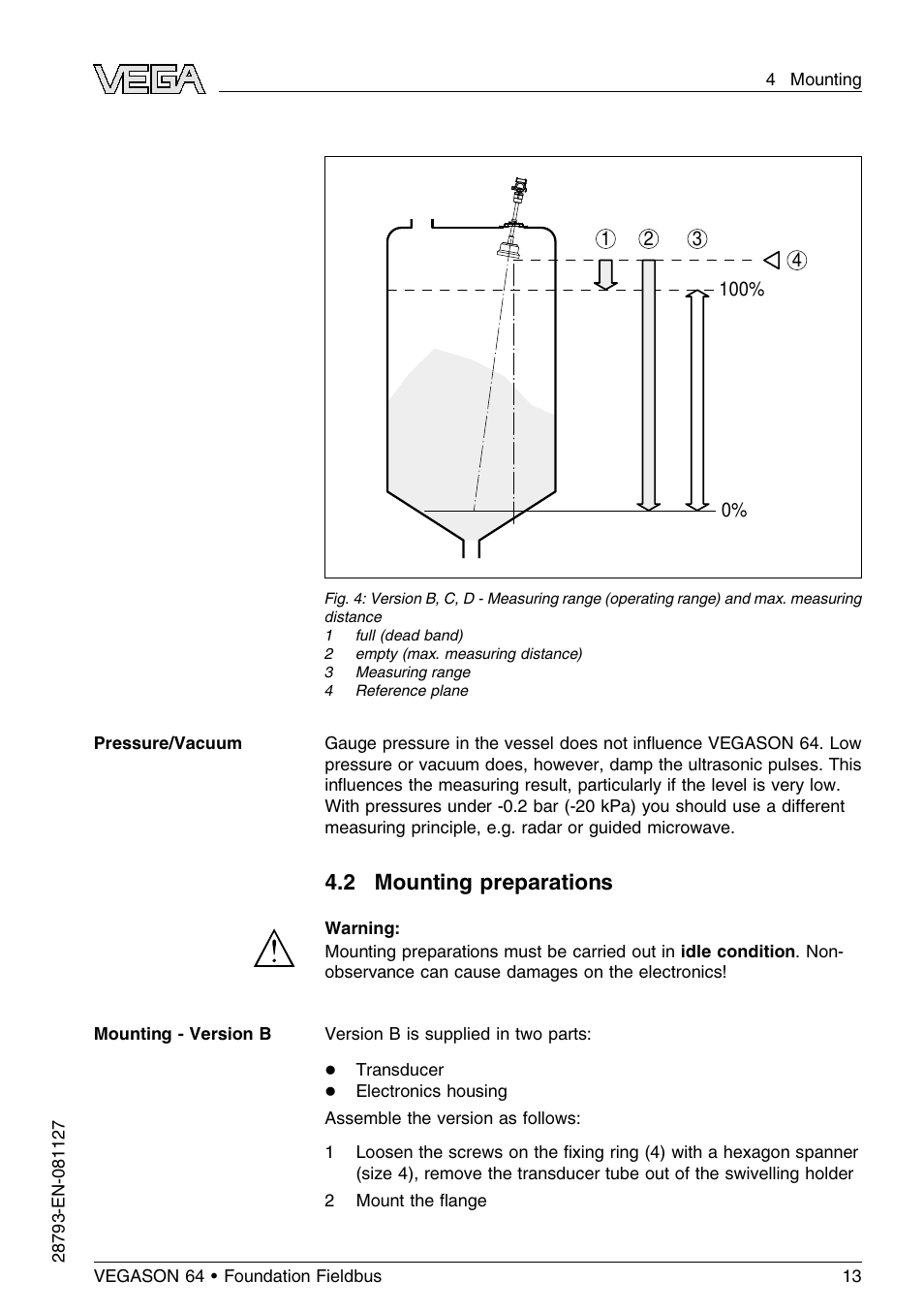 2 mounting preparations | VEGA VEGASON 64 Foundation Fieldbus User Manual | Page 13 / 64