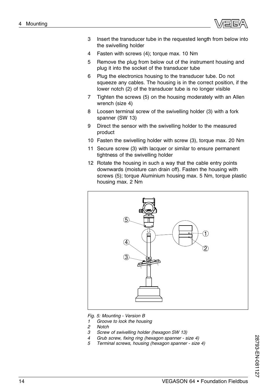 VEGA VEGASON 64 Foundation Fieldbus User Manual | Page 14 / 64