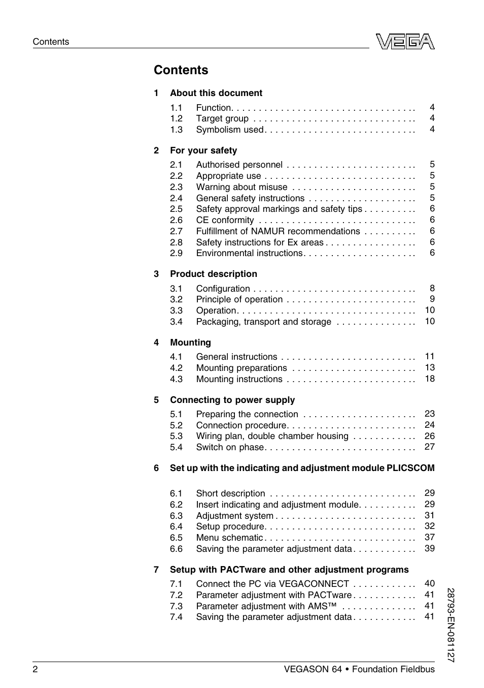 VEGA VEGASON 64 Foundation Fieldbus User Manual | Page 2 / 64