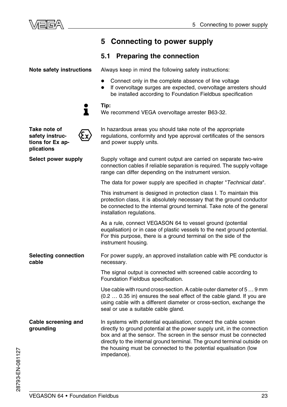 5 connecting to power supply, 1 preparing the connection | VEGA VEGASON 64 Foundation Fieldbus User Manual | Page 23 / 64
