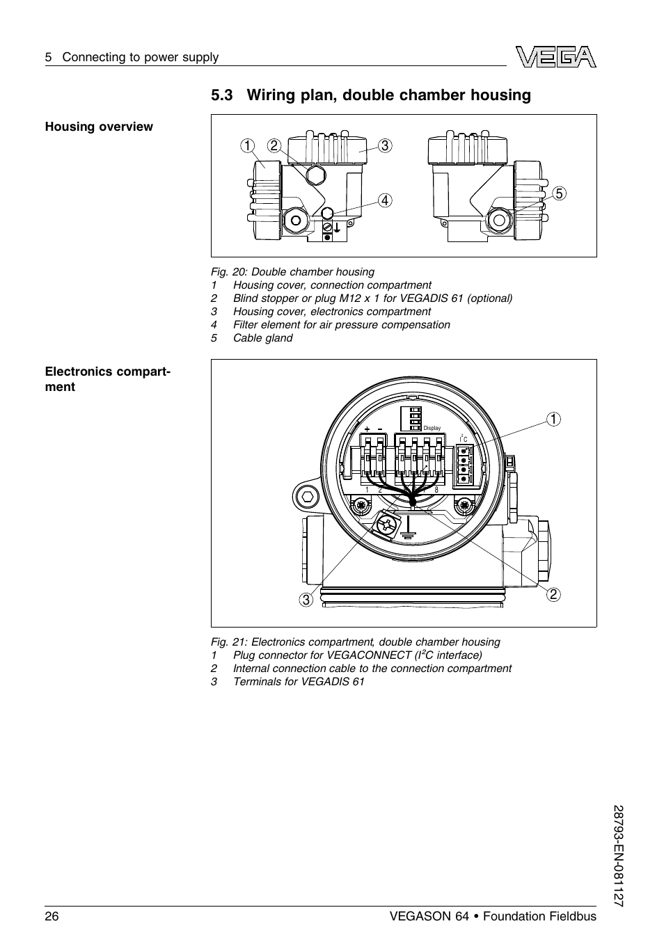 3 wiring plan, double chamber housing | VEGA VEGASON 64 Foundation Fieldbus User Manual | Page 26 / 64