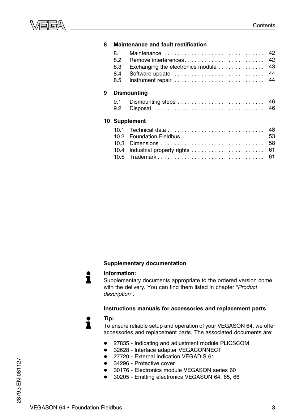 VEGA VEGASON 64 Foundation Fieldbus User Manual | Page 3 / 64