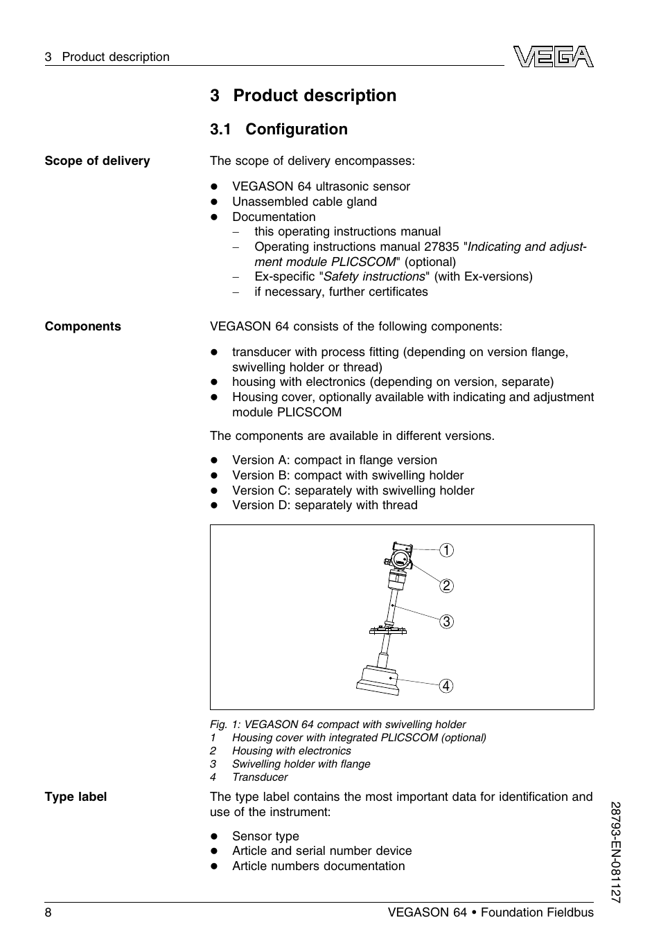 3 product description, 1 configuration, 1 conﬁguration | VEGA VEGASON 64 Foundation Fieldbus User Manual | Page 8 / 64