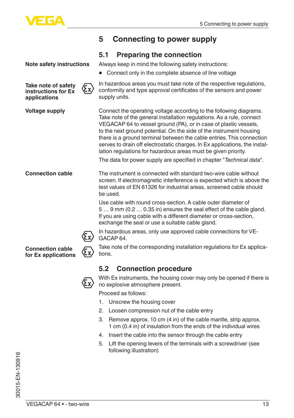 5 connecting to power supply, 1 preparing the connection, 2 connection procedure | VEGA VEGACAP 64 - two-wire User Manual | Page 13 / 32