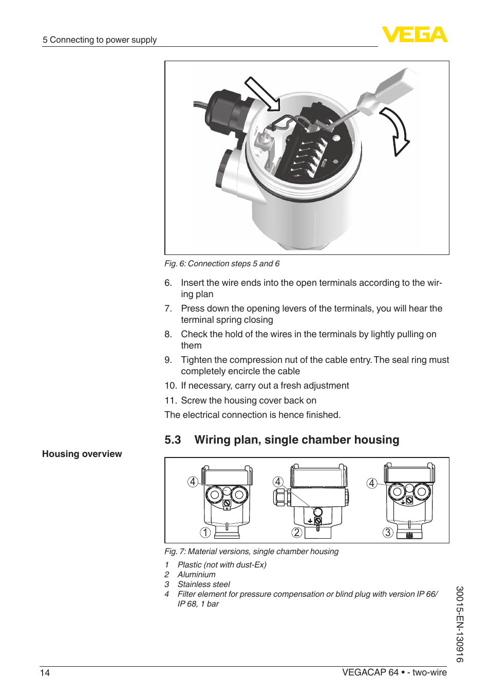 3 wiring plan, single chamber housing | VEGA VEGACAP 64 - two-wire User Manual | Page 14 / 32