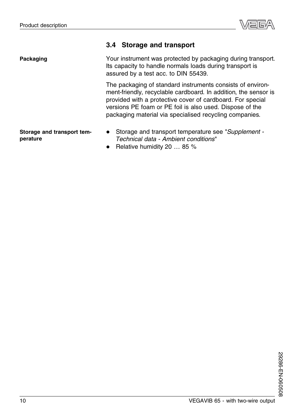 4 storage and transport | VEGA VEGAVIB 65 - two-wire User Manual | Page 10 / 40