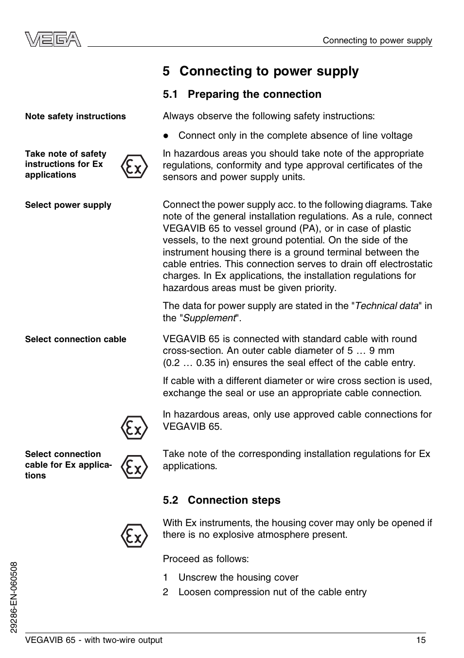 5 connecting to power supply, 1 preparing the connection, 2 connection steps | VEGA VEGAVIB 65 - two-wire User Manual | Page 15 / 40