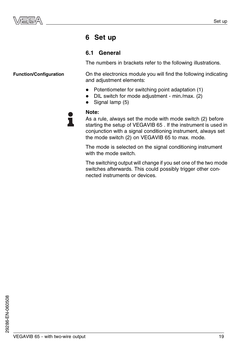 6 set up, 1 general | VEGA VEGAVIB 65 - two-wire User Manual | Page 19 / 40