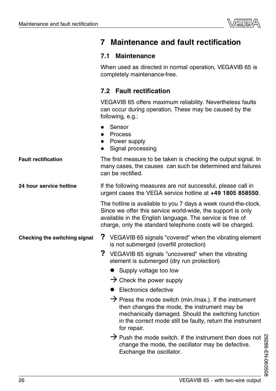 7 maintenance and fault rectification, 1 maintenance, 2 fault rectification | 7 maintenance and fault rectiﬁcation | VEGA VEGAVIB 65 - two-wire User Manual | Page 26 / 40