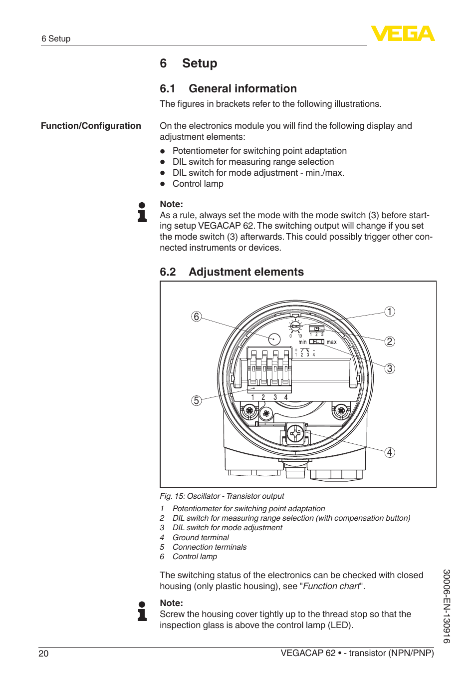 6 setup, 1 general information, 2 adjustment elements | VEGA VEGACAP 62 - transistor (NPN_PNP) User Manual | Page 20 / 44