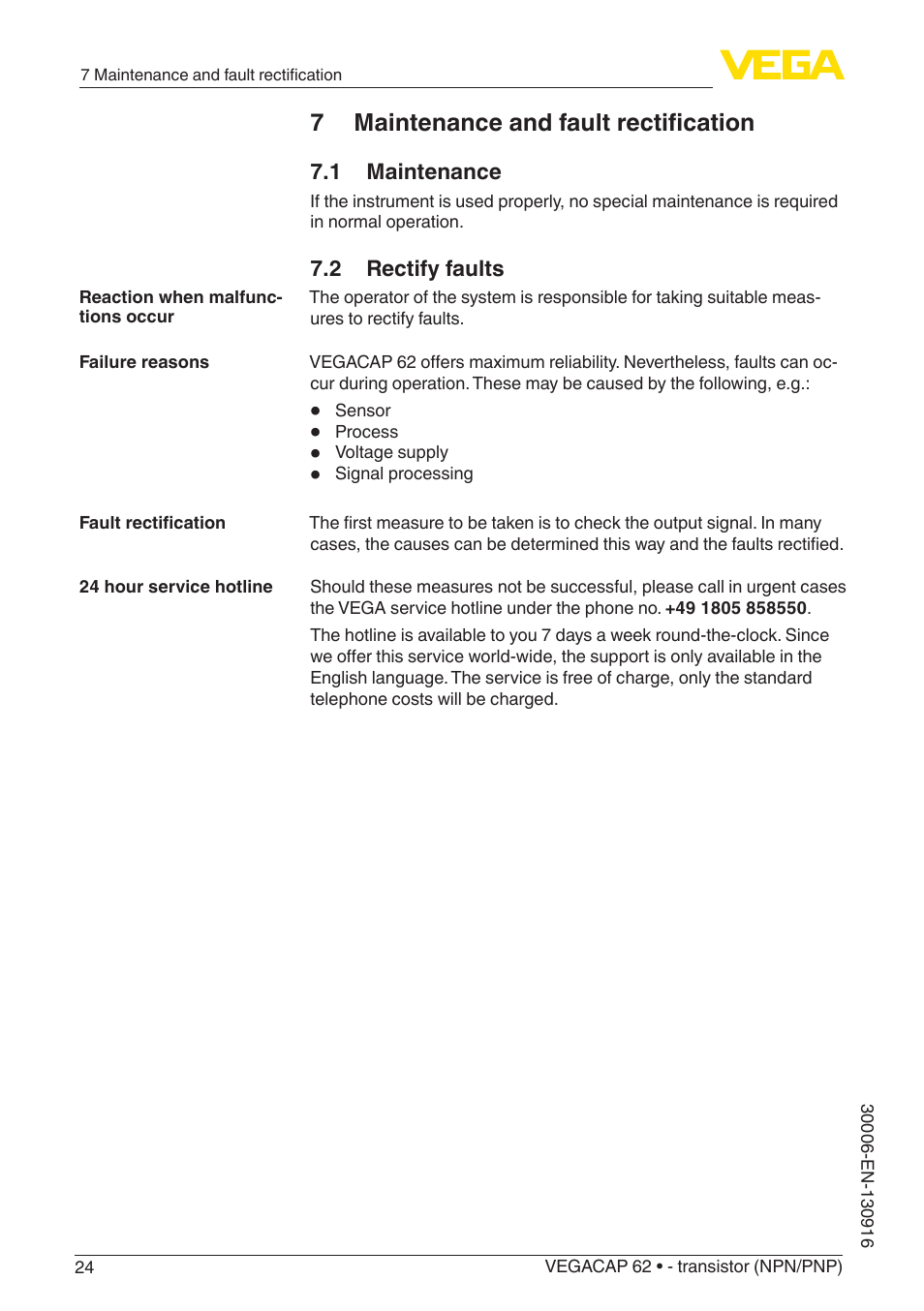 7 maintenance and fault rectification, 1 maintenance, 2 rectify faults | VEGA VEGACAP 62 - transistor (NPN_PNP) User Manual | Page 24 / 44