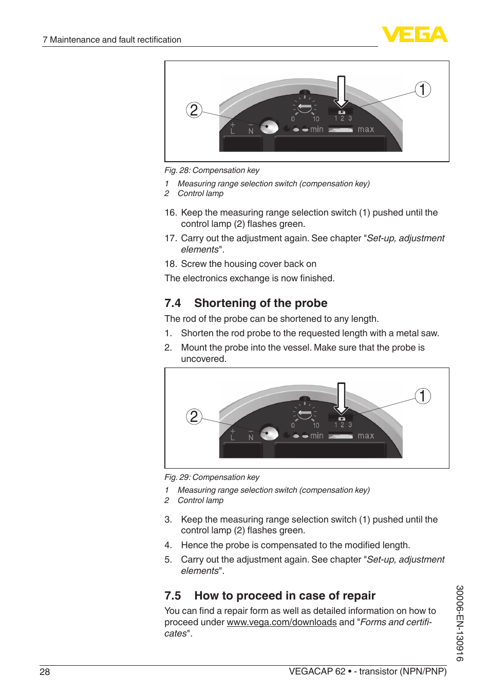 4 shortening of the probe, 5 how to proceed in case of repair | VEGA VEGACAP 62 - transistor (NPN_PNP) User Manual | Page 28 / 44
