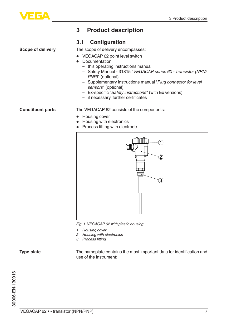 3 product description, 1 configuration | VEGA VEGACAP 62 - transistor (NPN_PNP) User Manual | Page 7 / 44