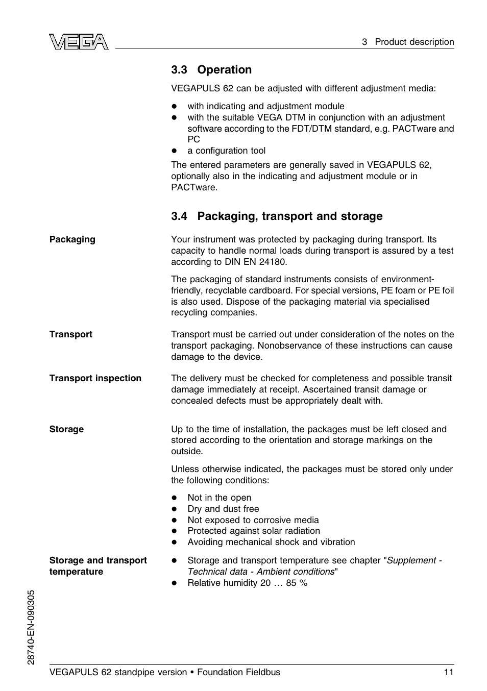 3 operation, 4 packaging, transport and storage | VEGA VEGAPULS 62 (≥ 2.0.0 - ≤ 3.8) standpipe ver. Foundation Fieldbus User Manual | Page 11 / 64