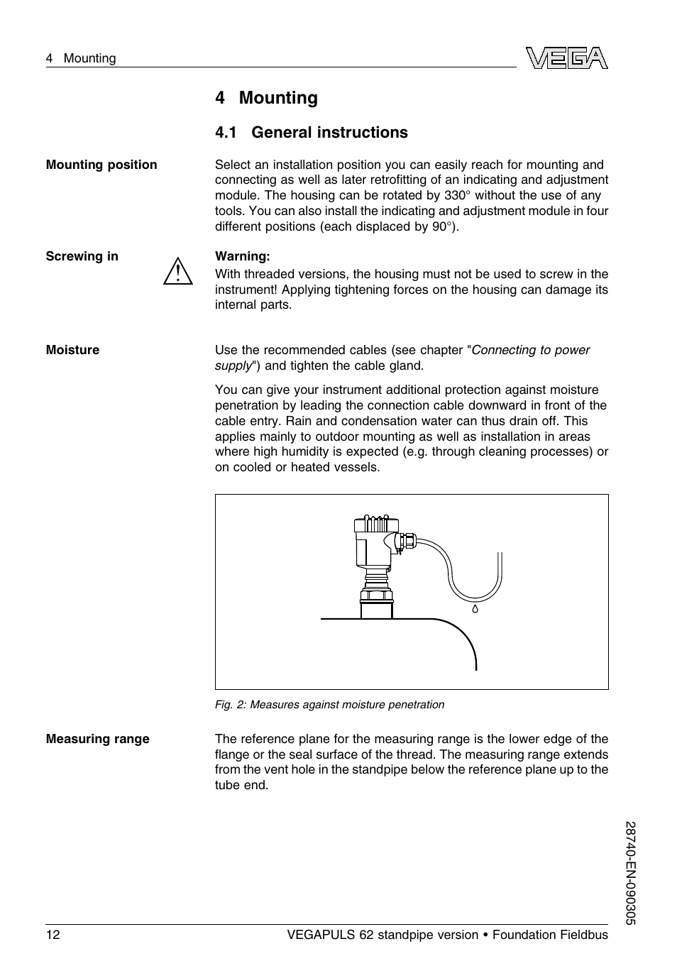 4 mounting, 1 general instructions | VEGA VEGAPULS 62 (≥ 2.0.0 - ≤ 3.8) standpipe ver. Foundation Fieldbus User Manual | Page 12 / 64