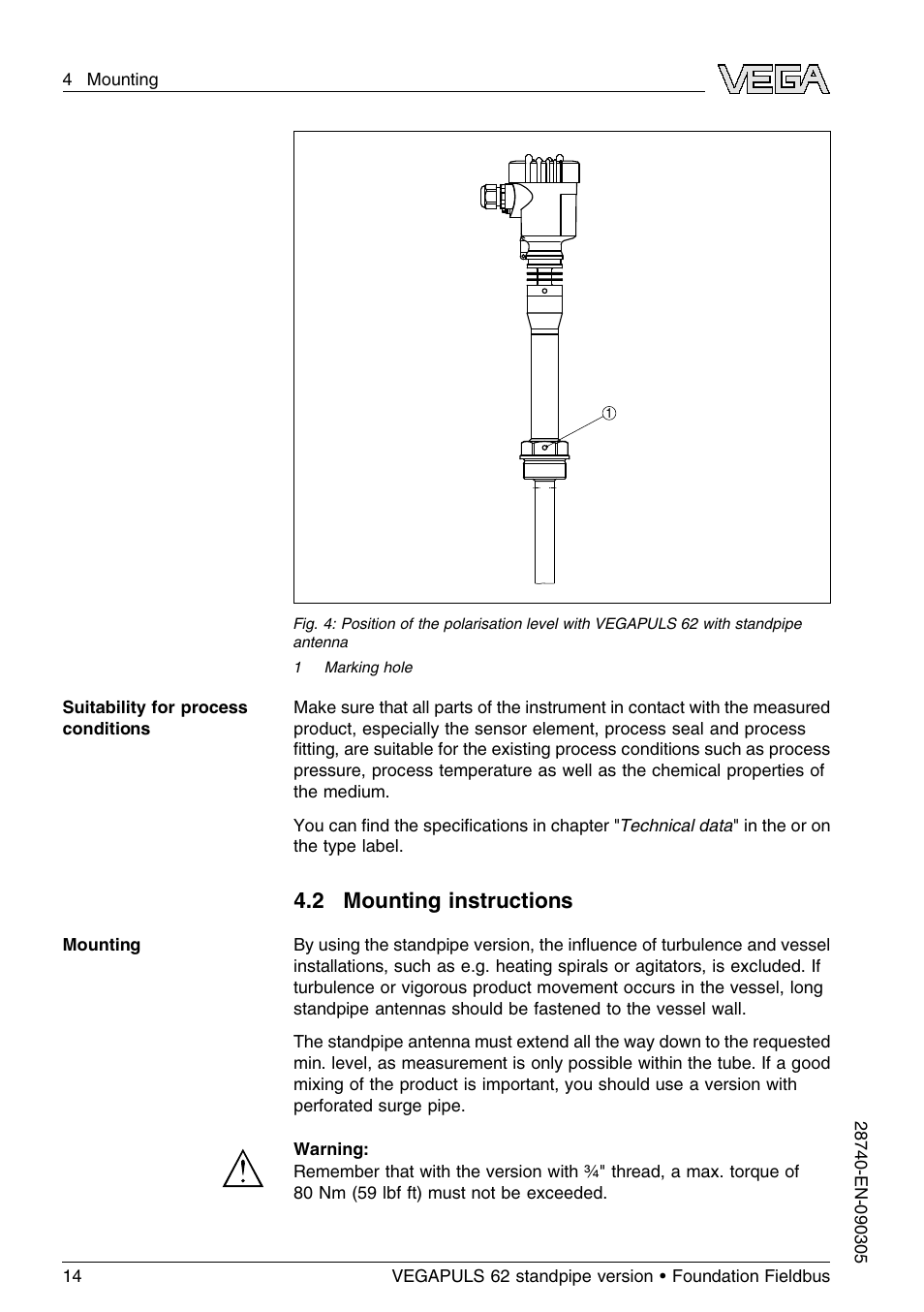 2 mounting instructions | VEGA VEGAPULS 62 (≥ 2.0.0 - ≤ 3.8) standpipe ver. Foundation Fieldbus User Manual | Page 14 / 64