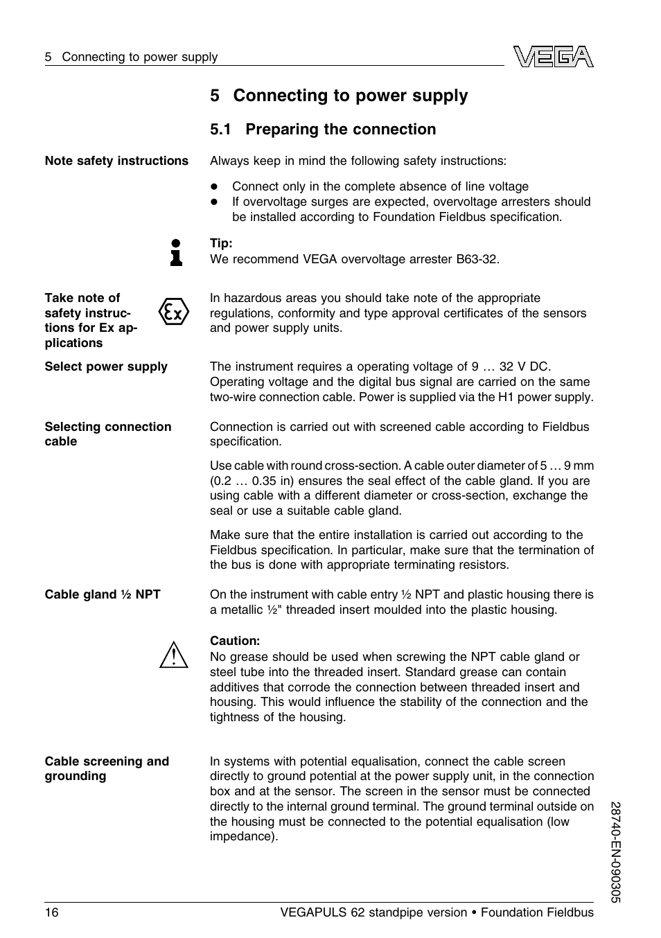 5 connecting to power supply, 1 preparing the connection | VEGA VEGAPULS 62 (≥ 2.0.0 - ≤ 3.8) standpipe ver. Foundation Fieldbus User Manual | Page 16 / 64