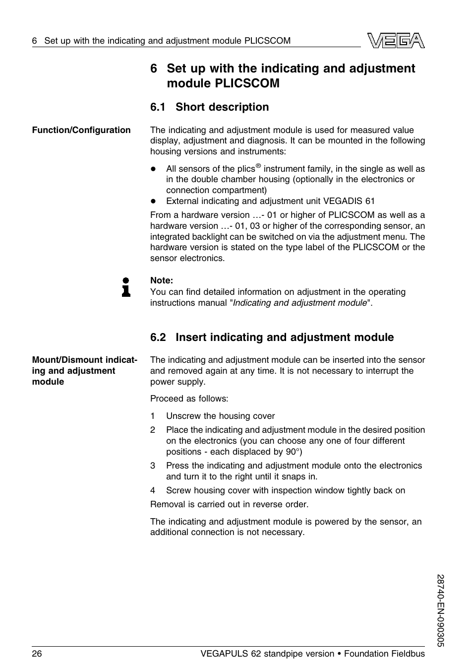 1 short description, 2 insert indicating and adjustment module | VEGA VEGAPULS 62 (≥ 2.0.0 - ≤ 3.8) standpipe ver. Foundation Fieldbus User Manual | Page 26 / 64