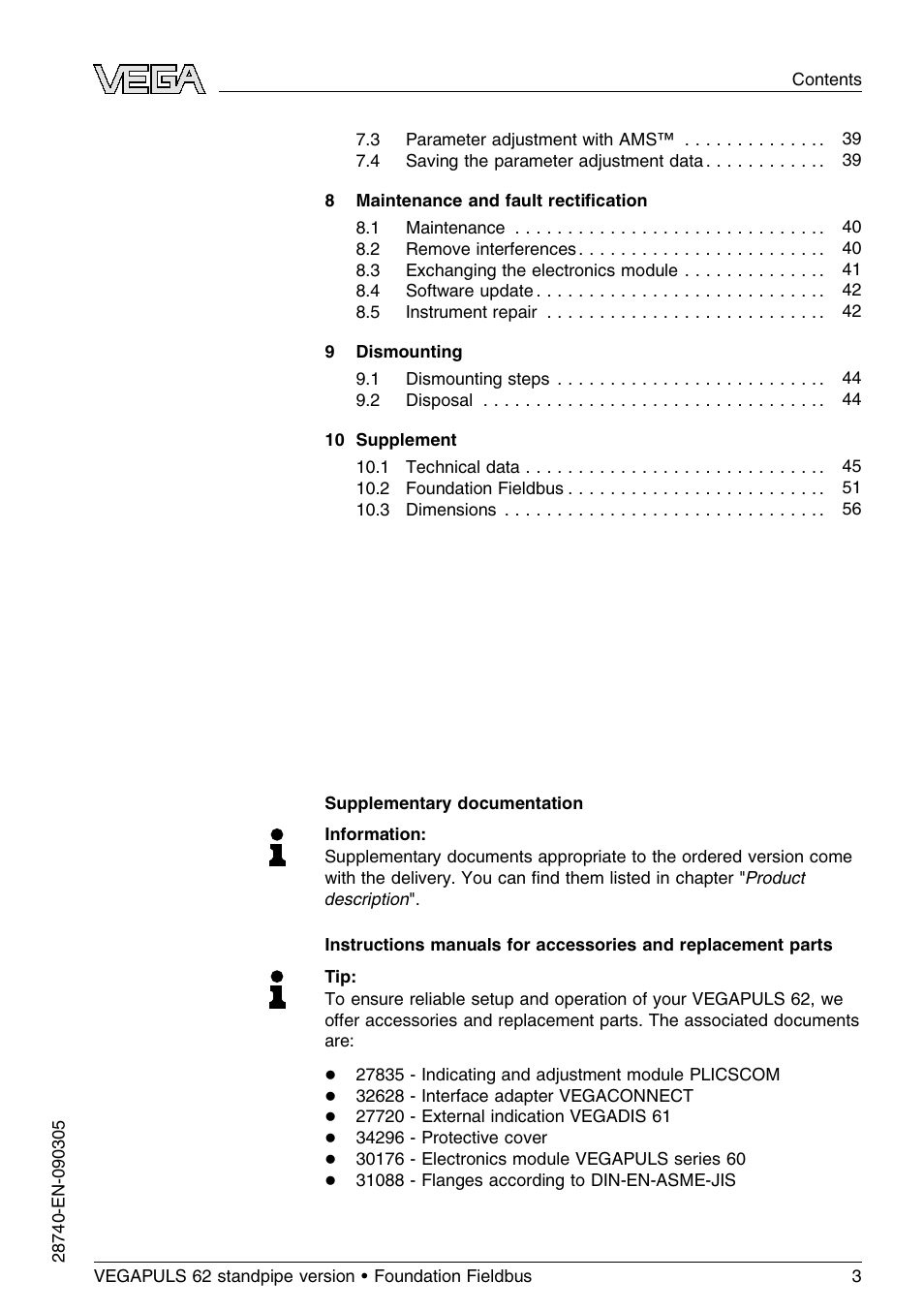 VEGA VEGAPULS 62 (≥ 2.0.0 - ≤ 3.8) standpipe ver. Foundation Fieldbus User Manual | Page 3 / 64