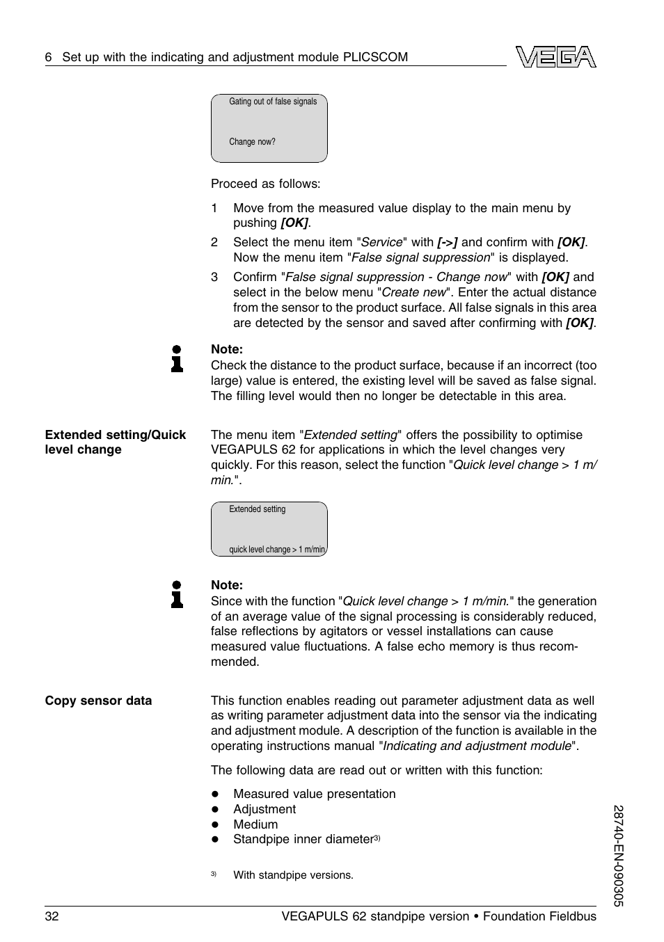 VEGA VEGAPULS 62 (≥ 2.0.0 - ≤ 3.8) standpipe ver. Foundation Fieldbus User Manual | Page 32 / 64