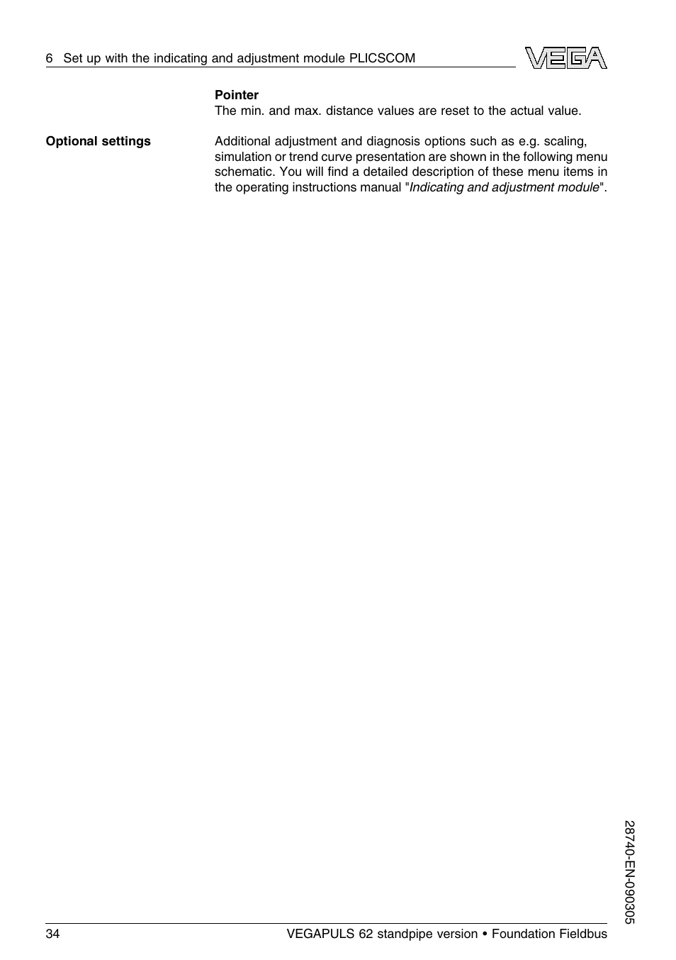 VEGA VEGAPULS 62 (≥ 2.0.0 - ≤ 3.8) standpipe ver. Foundation Fieldbus User Manual | Page 34 / 64
