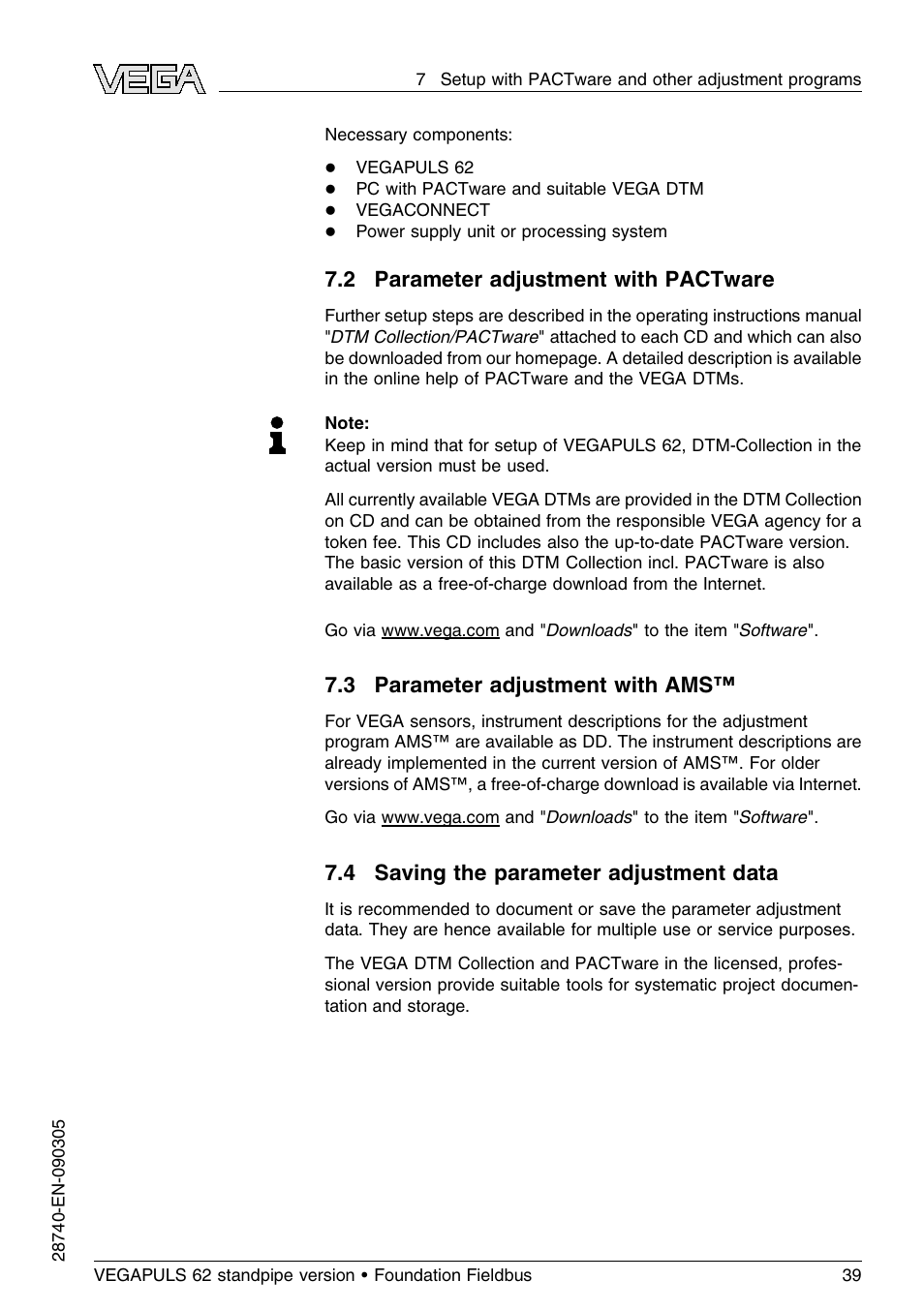 2 parameter adjustment with pactware, 3 parameter adjustment with ams, 4 saving the parameter adjustment data | VEGA VEGAPULS 62 (≥ 2.0.0 - ≤ 3.8) standpipe ver. Foundation Fieldbus User Manual | Page 39 / 64