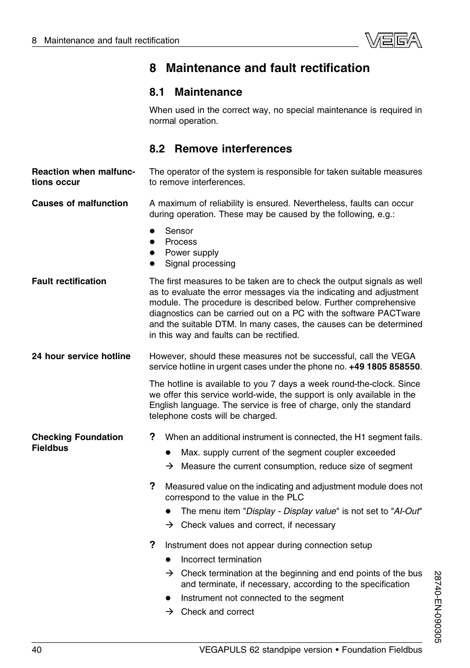 8 maintenance and fault rectification, 1 maintenance, 2 remove interferences | 8 maintenance and fault rectiﬁcation | VEGA VEGAPULS 62 (≥ 2.0.0 - ≤ 3.8) standpipe ver. Foundation Fieldbus User Manual | Page 40 / 64