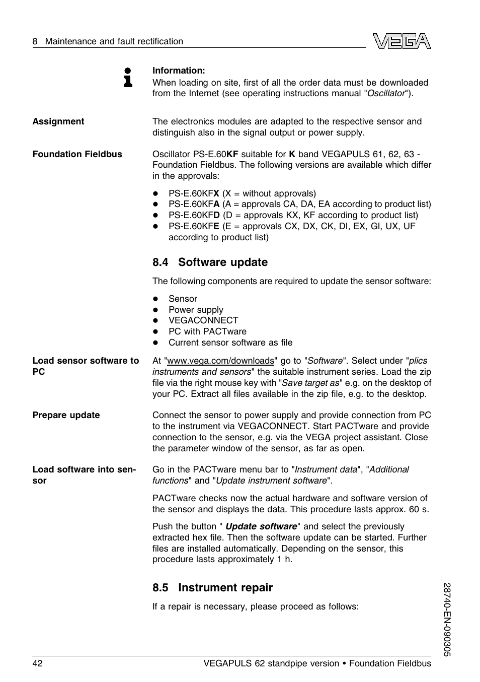 4 software update, 5 instrument repair | VEGA VEGAPULS 62 (≥ 2.0.0 - ≤ 3.8) standpipe ver. Foundation Fieldbus User Manual | Page 42 / 64