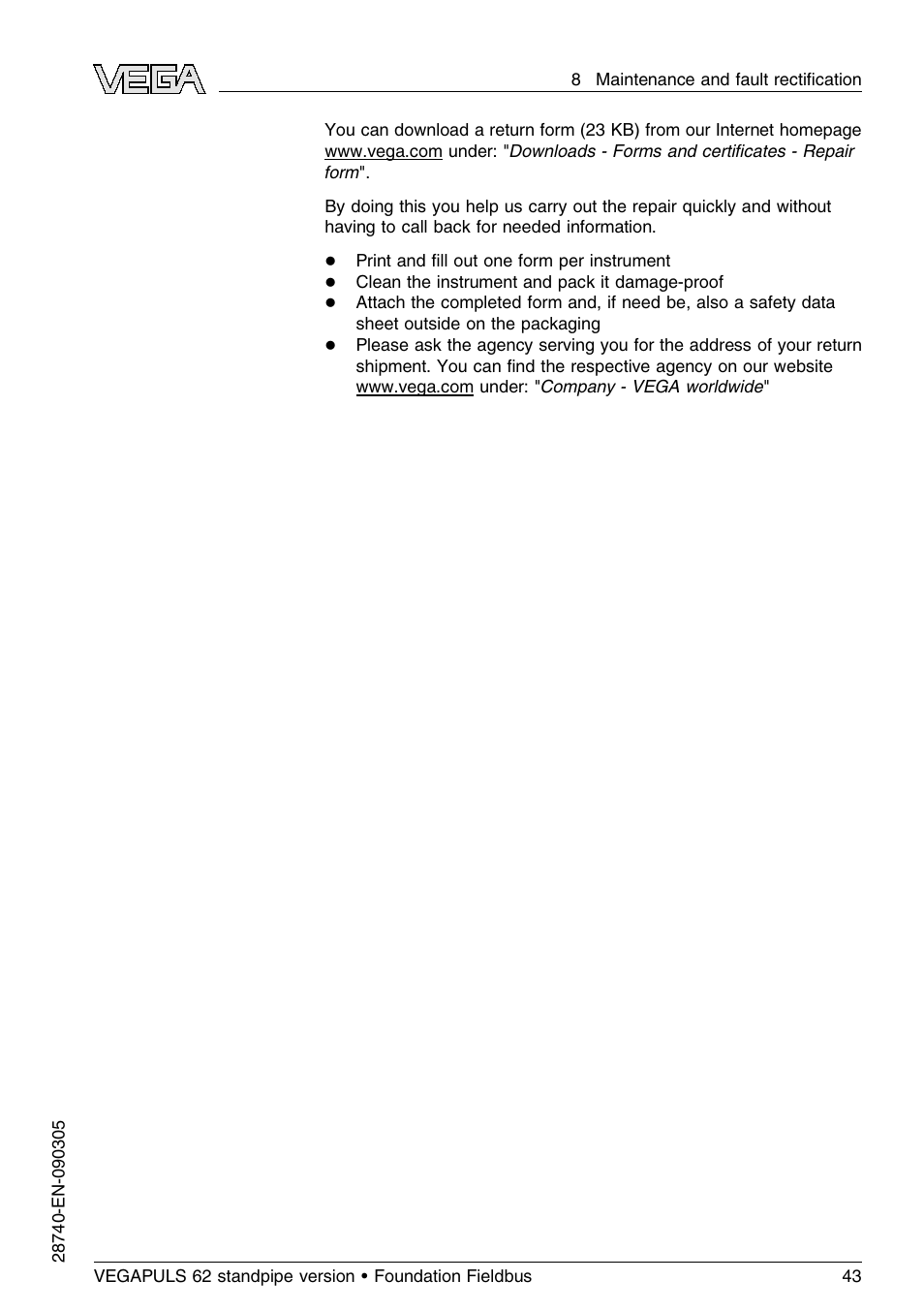 VEGA VEGAPULS 62 (≥ 2.0.0 - ≤ 3.8) standpipe ver. Foundation Fieldbus User Manual | Page 43 / 64