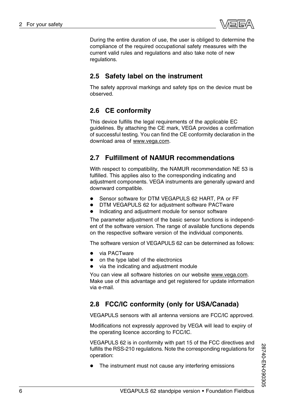 5 safety label on the instrument, 6 ce conformity, 7 fulfillment of namur recommendations | 8 fcc/ic conformity (only for usa/canada), 7 fulﬁllment of namur recommendations | VEGA VEGAPULS 62 (≥ 2.0.0 - ≤ 3.8) standpipe ver. Foundation Fieldbus User Manual | Page 6 / 64