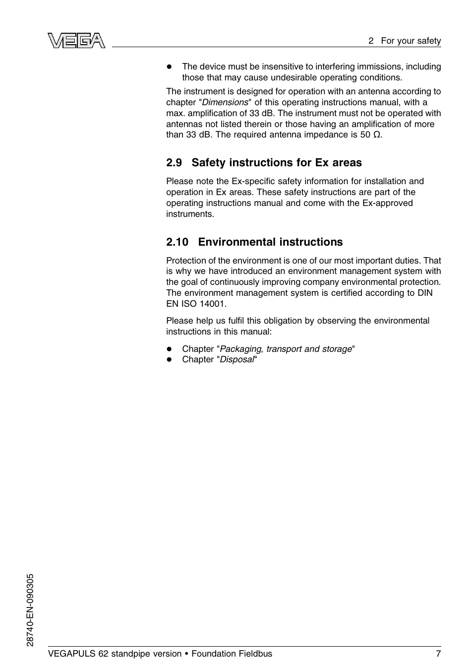 9 safety instructions for ex areas, 10 environmental instructions | VEGA VEGAPULS 62 (≥ 2.0.0 - ≤ 3.8) standpipe ver. Foundation Fieldbus User Manual | Page 7 / 64
