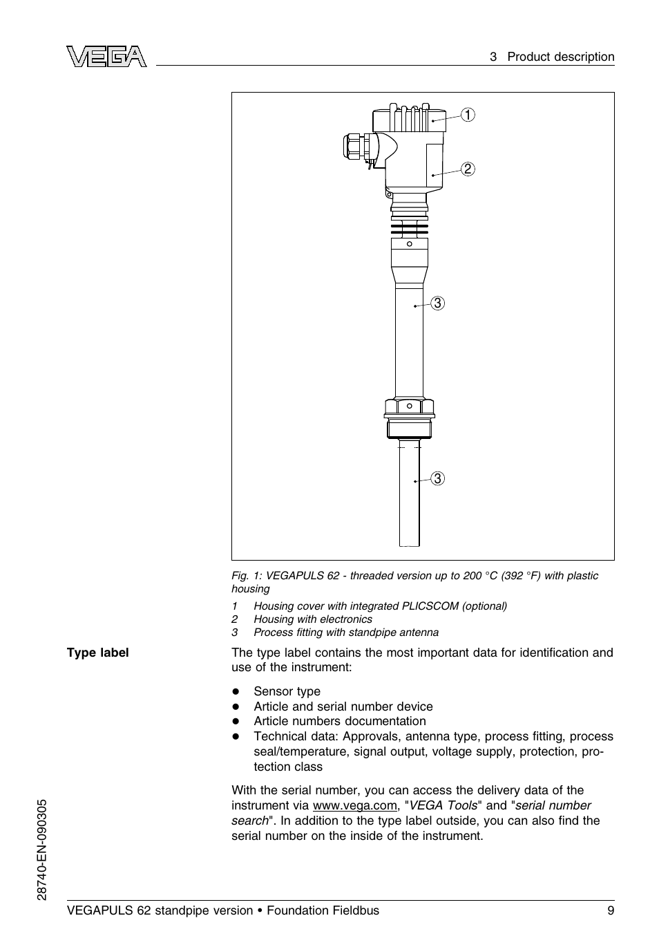 VEGA VEGAPULS 62 (≥ 2.0.0 - ≤ 3.8) standpipe ver. Foundation Fieldbus User Manual | Page 9 / 64