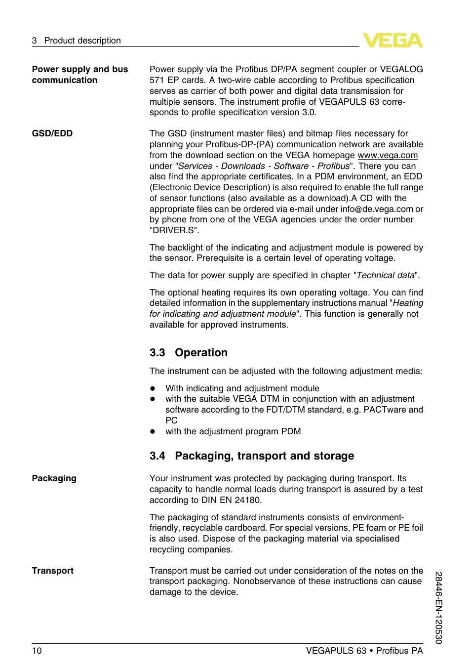 3 operation, 4 packaging, transport and storage | VEGA VEGAPULS 63 (≥ 2.0.0 - ≤ 3.8) Proﬁbus PA User Manual | Page 10 / 68