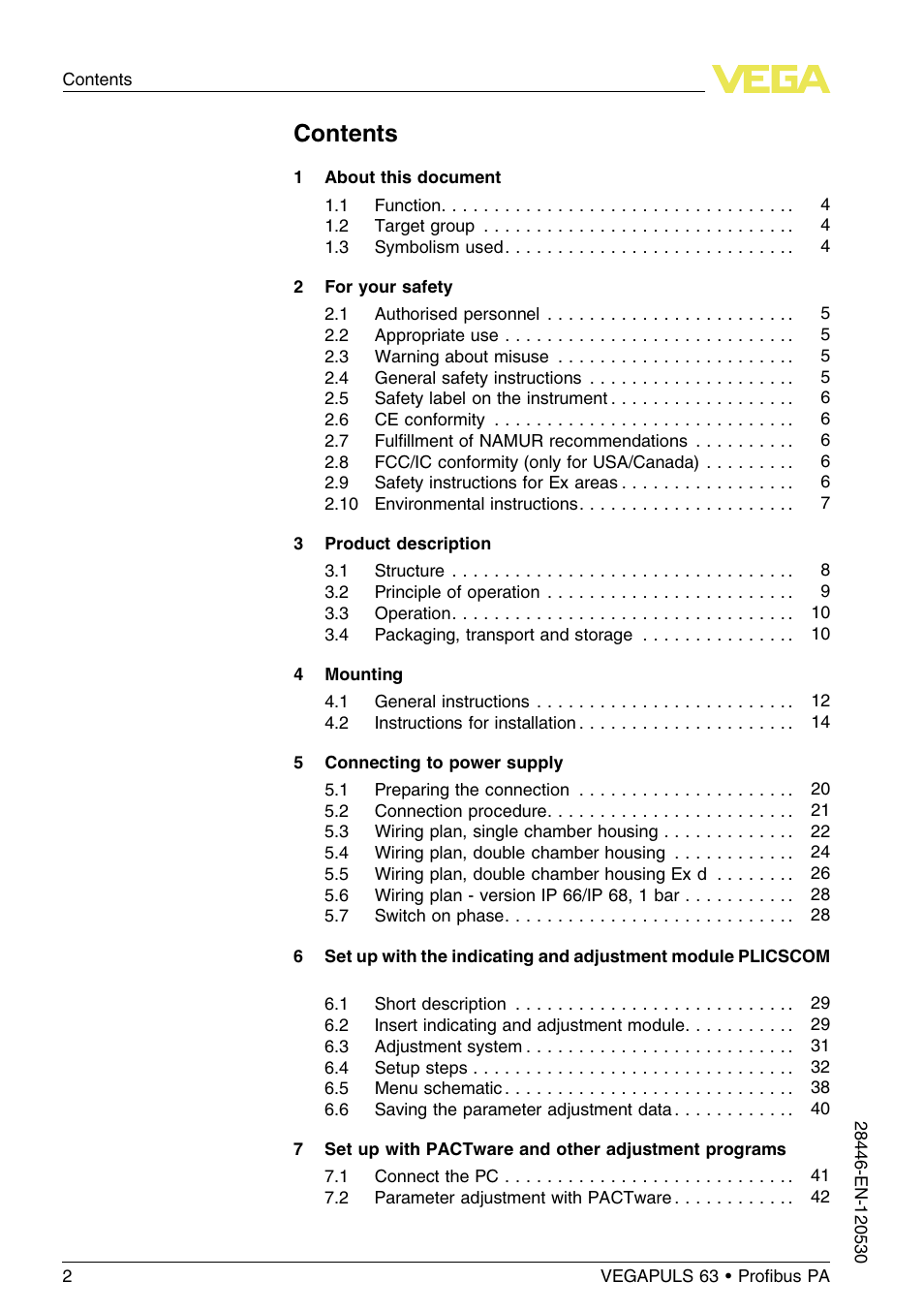 VEGA VEGAPULS 63 (≥ 2.0.0 - ≤ 3.8) Proﬁbus PA User Manual | Page 2 / 68