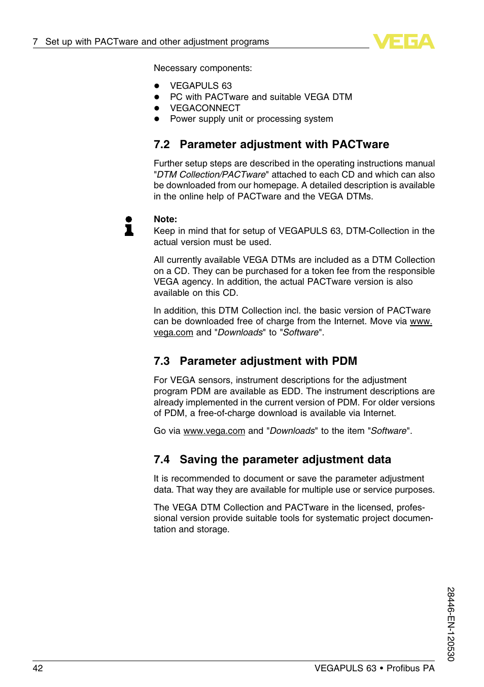 2 parameter adjustment with pactware, 3 parameter adjustment with pdm, 4 saving the parameter adjustment data | VEGA VEGAPULS 63 (≥ 2.0.0 - ≤ 3.8) Proﬁbus PA User Manual | Page 42 / 68