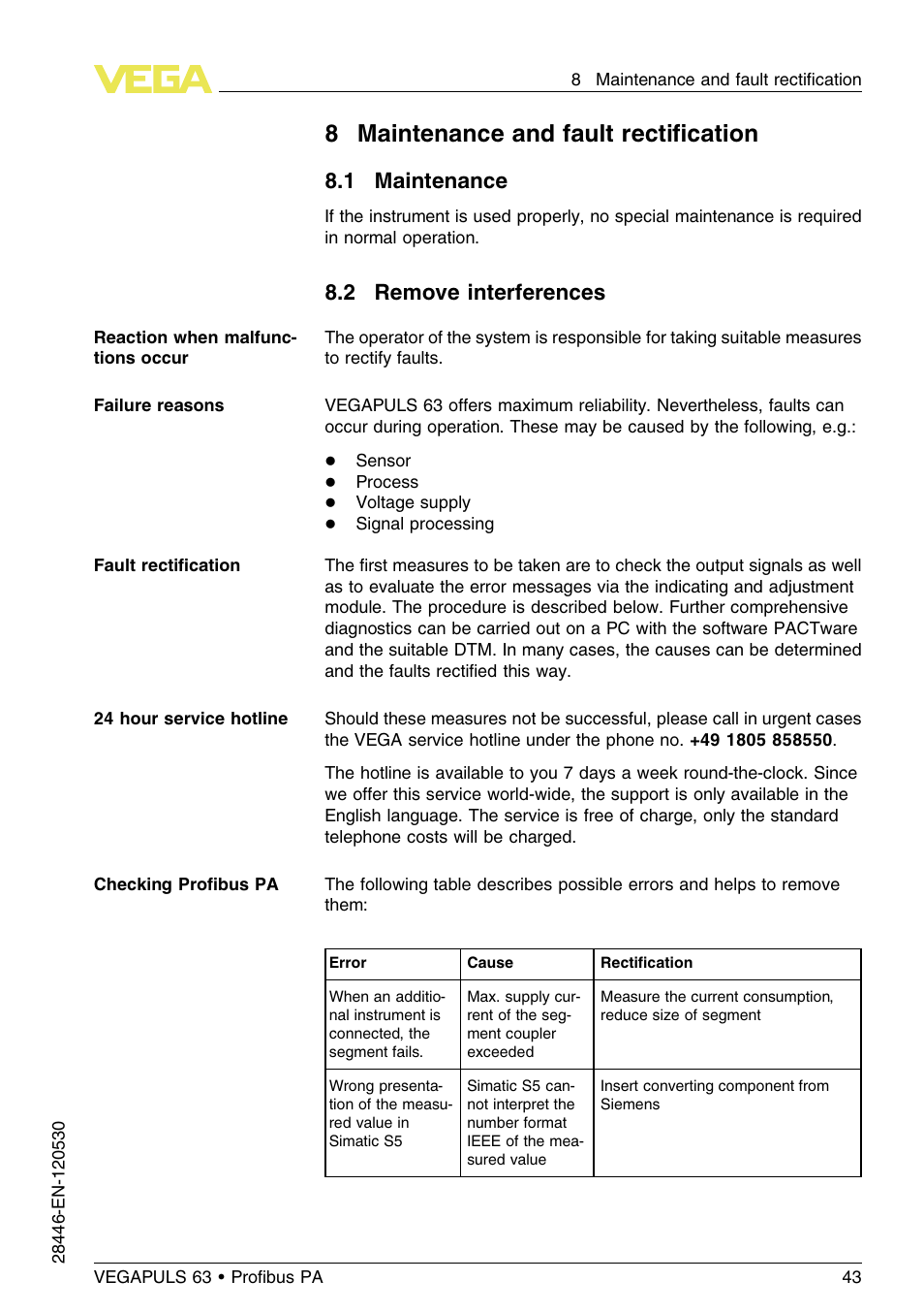 8 maintenance and fault rectification, 1 maintenance, 2 remove interferences | 8 maintenance and fault rectiﬁcation | VEGA VEGAPULS 63 (≥ 2.0.0 - ≤ 3.8) Proﬁbus PA User Manual | Page 43 / 68