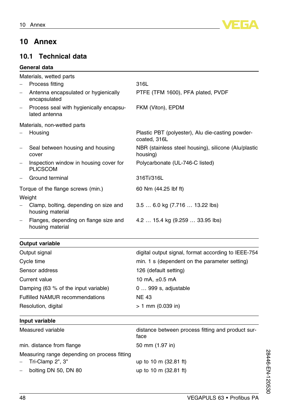 10 annex, 1 technical data | VEGA VEGAPULS 63 (≥ 2.0.0 - ≤ 3.8) Proﬁbus PA User Manual | Page 48 / 68