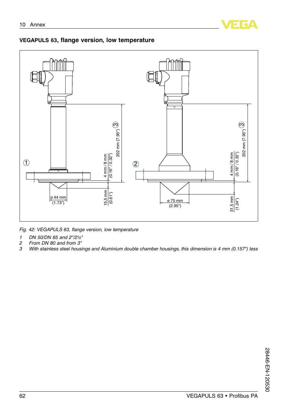 FLange version, low temperature | VEGA VEGAPULS 63 (≥ 2.0.0 - ≤ 3.8) Proﬁbus PA User Manual | Page 62 / 68