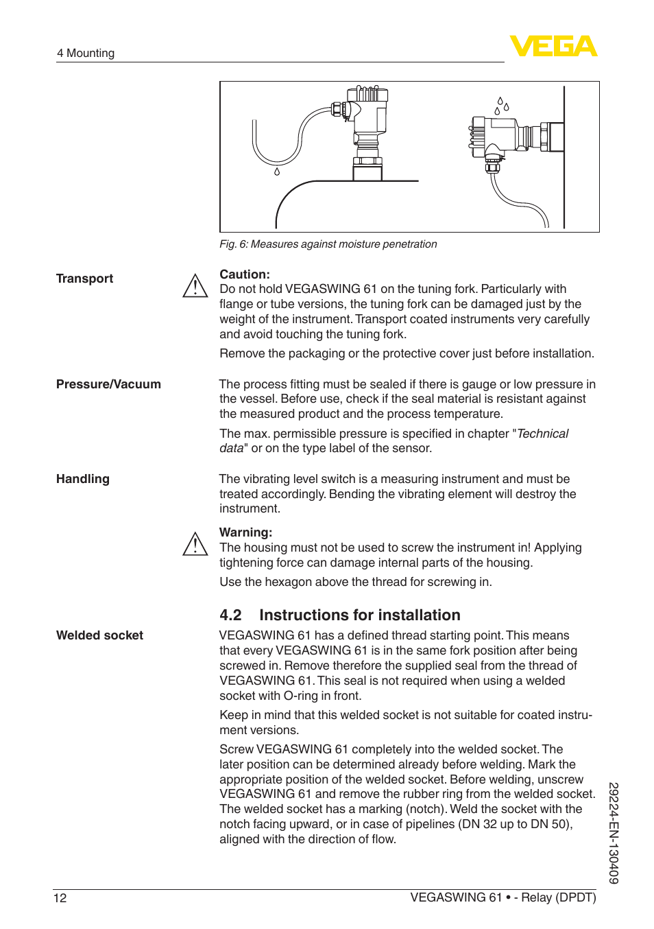 2 instructions for installation | VEGA VEGASWING 61 - Relay (DPDT) User Manual | Page 12 / 36