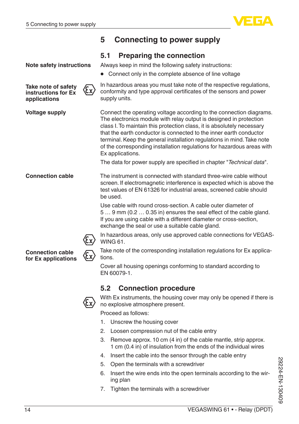 5 connecting to power supply, 1 preparing the connection, 2 connection procedure | VEGA VEGASWING 61 - Relay (DPDT) User Manual | Page 14 / 36