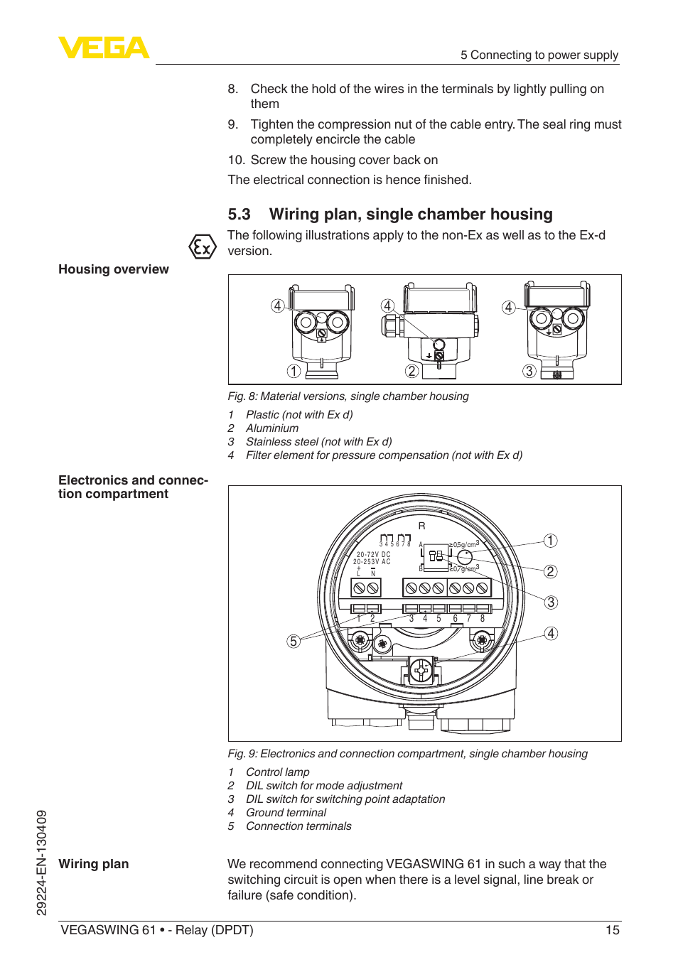 3 wiring plan, single chamber housing | VEGA VEGASWING 61 - Relay (DPDT) User Manual | Page 15 / 36