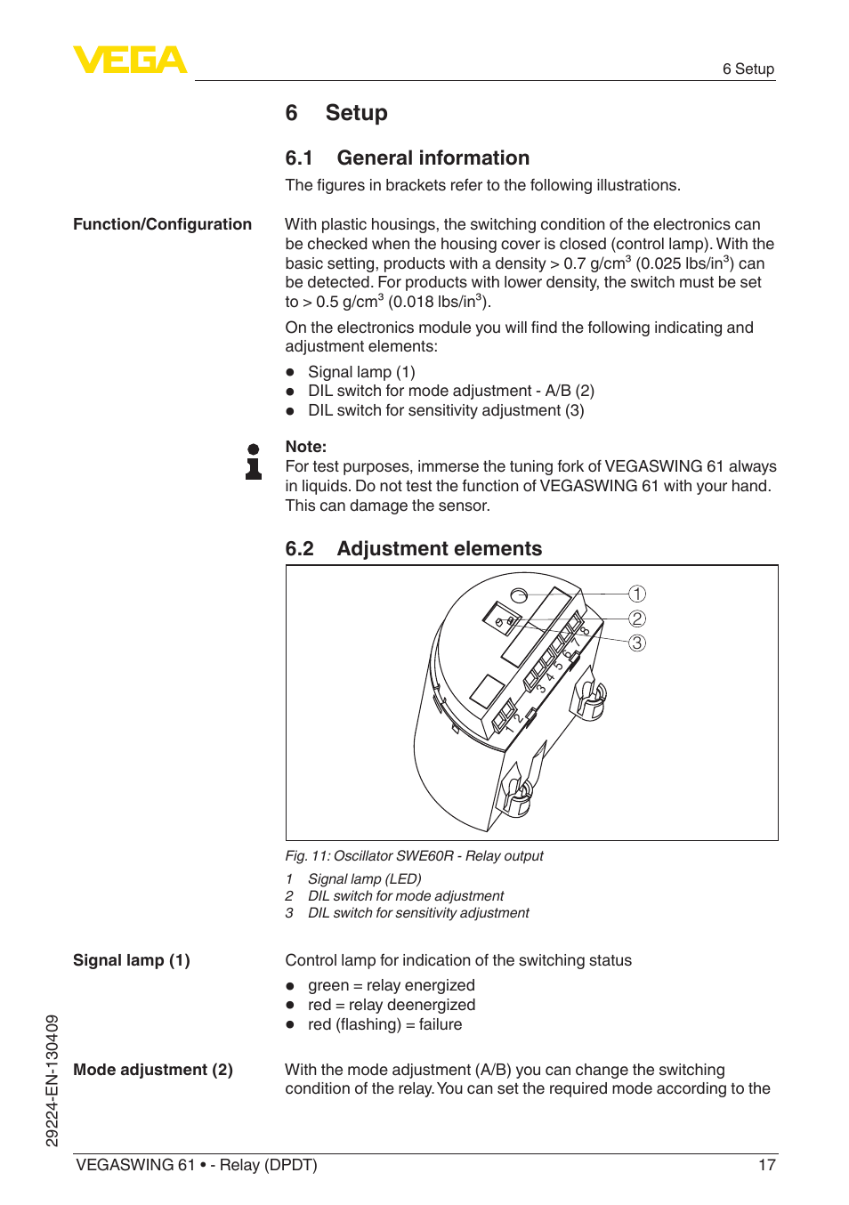 6 setup | VEGA VEGASWING 61 - Relay (DPDT) User Manual | Page 17 / 36