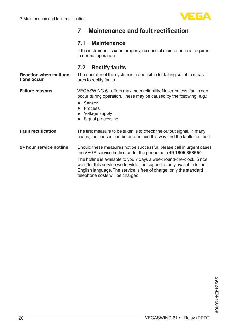7 maintenance and fault rectification | VEGA VEGASWING 61 - Relay (DPDT) User Manual | Page 20 / 36
