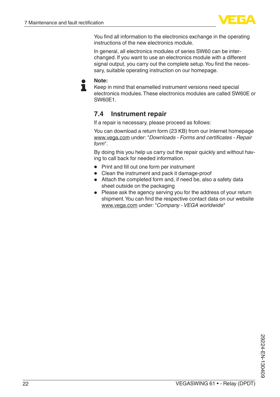 VEGA VEGASWING 61 - Relay (DPDT) User Manual | Page 22 / 36