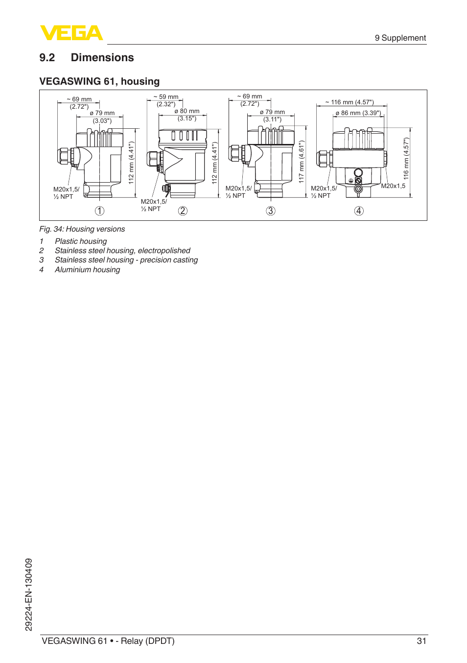 2 dimensions, Vegaswing 61, housing | VEGA VEGASWING 61 - Relay (DPDT) User Manual | Page 31 / 36
