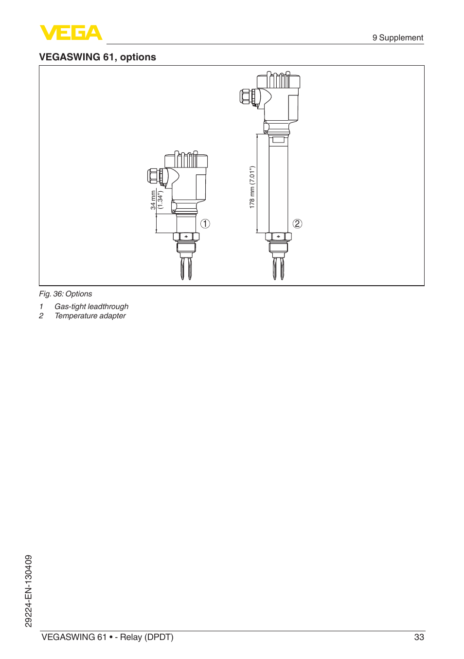 Vegaswing 61, options | VEGA VEGASWING 61 - Relay (DPDT) User Manual | Page 33 / 36