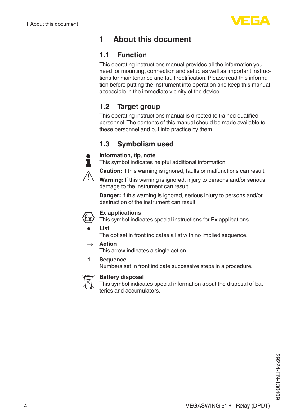 1 about this document | VEGA VEGASWING 61 - Relay (DPDT) User Manual | Page 4 / 36