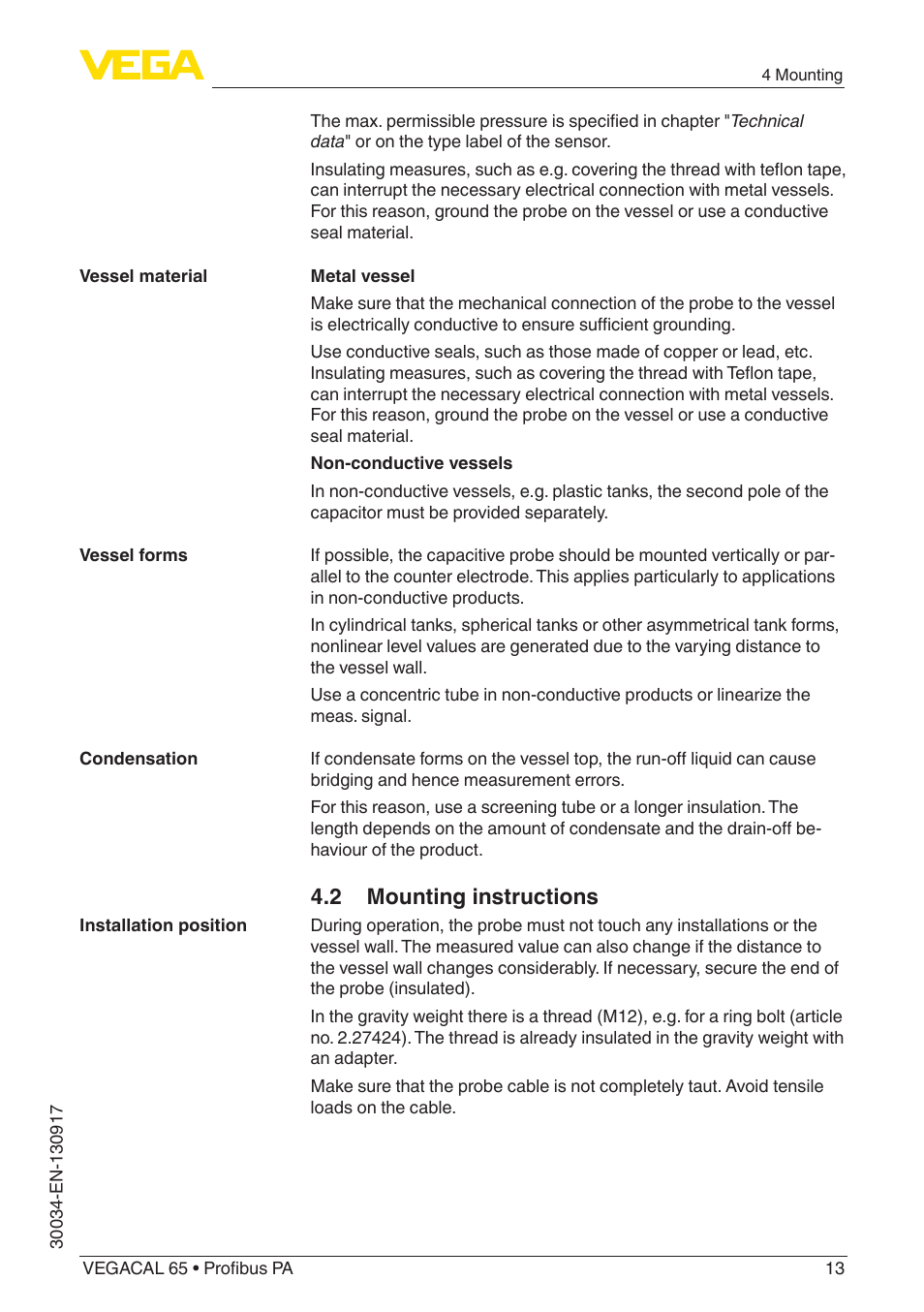 2 mounting instructions | VEGA VEGACAL 65 Profibus PA User Manual | Page 13 / 56