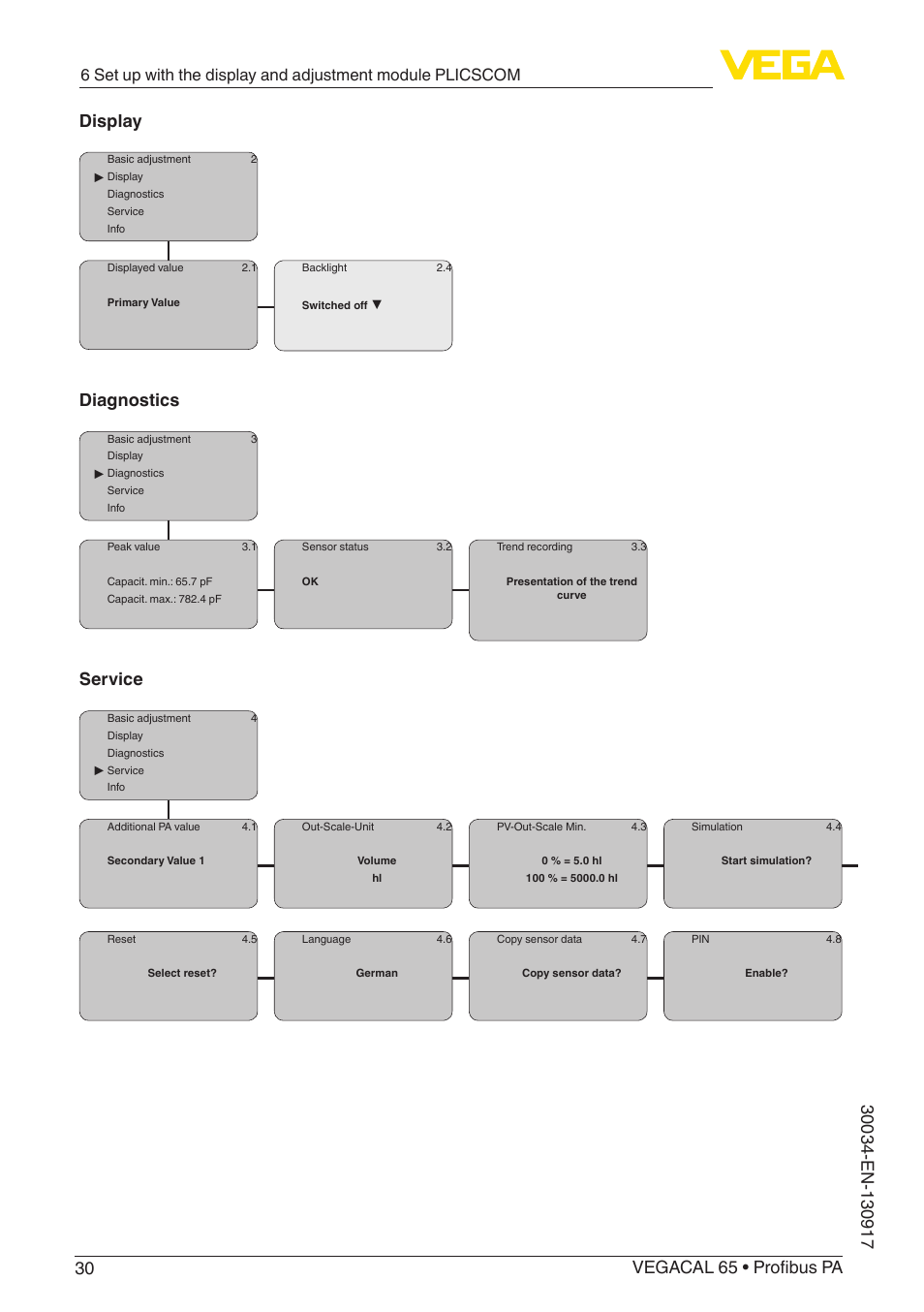 Diagnostics, Service | VEGA VEGACAL 65 Profibus PA User Manual | Page 30 / 56